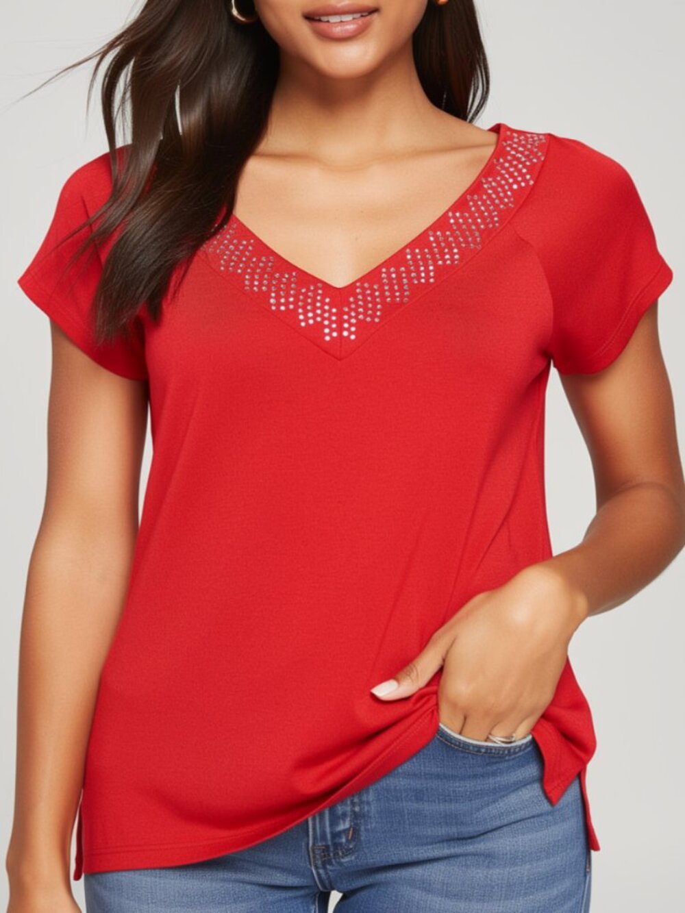 Westport 1962 Ladies red pullover w/studs soft knit V neck short sleeve